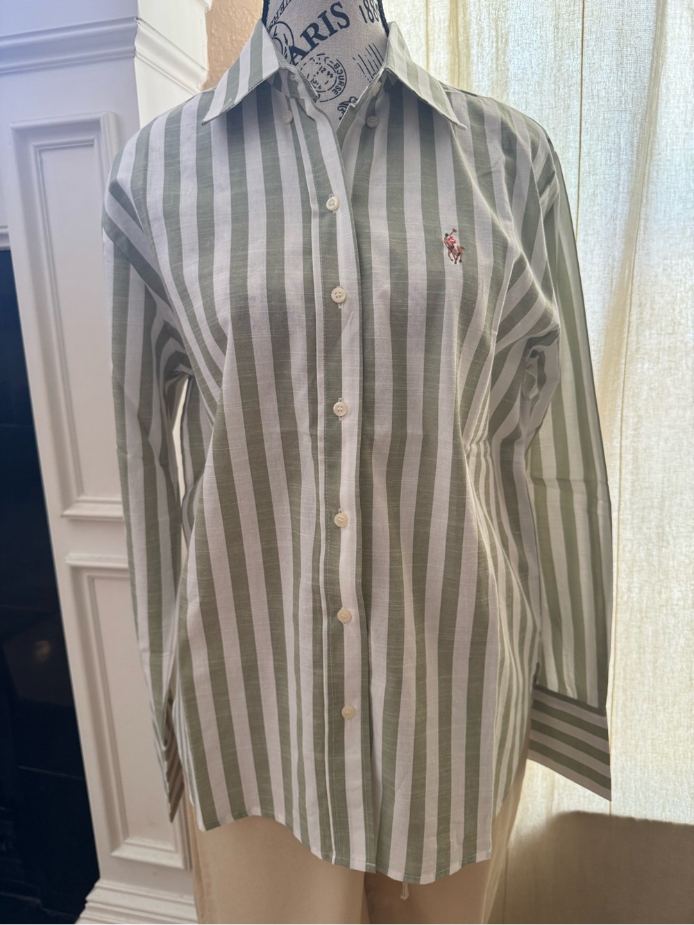 Ralph Lauren Olive Green and White Striped Cotton Button-Down Shirt